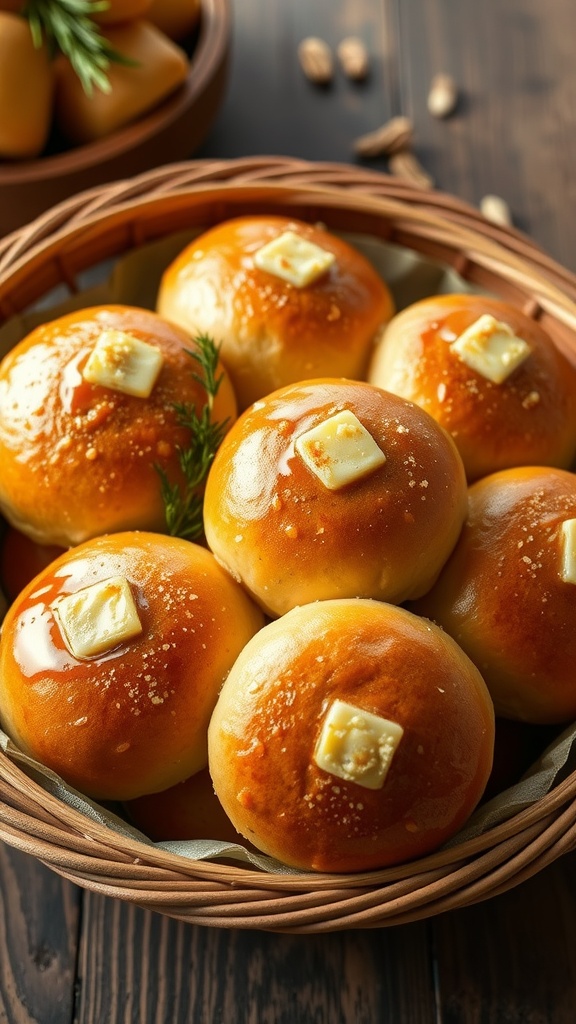 Fluffy Homemade Dinner Rolls Recipe Golden brown homemade dinner rolls in a basket, brushed with butter, on a rustic wooden table.